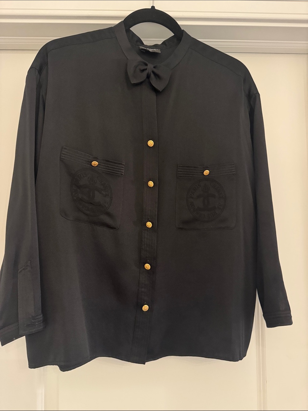 CHANEL Black Silk Bow-Collar Blouse with Gold CC Buttons